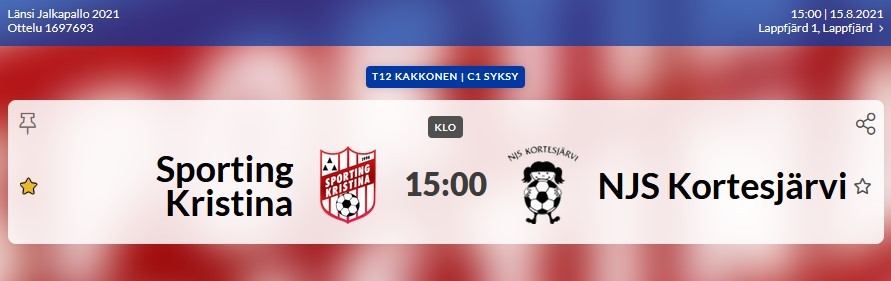 Read more about the article T12: Sporting Kristina-NJS Kortesjärvi, 15.8.2021 klo 15.00 Lapväärtti