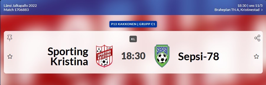 Läs mer om artikeln Sportings P13 spelar seriematch idag onsdag 11.5.2022, kl 18.30 på Braheplan. Kaffe och korvförsäljning. Välkomna!