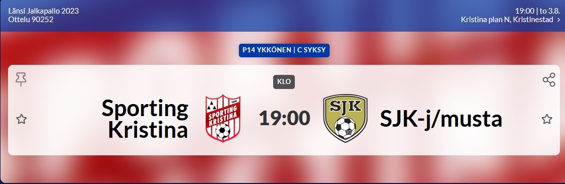 Läs mer om artikeln Sportings P14 spelar seriematch mot SJK-musta imorgon kväll torsdag 3.8.2023, kl 19.00 på Kristinaplan. Kaffe och korvförsäljning. Välkomna!